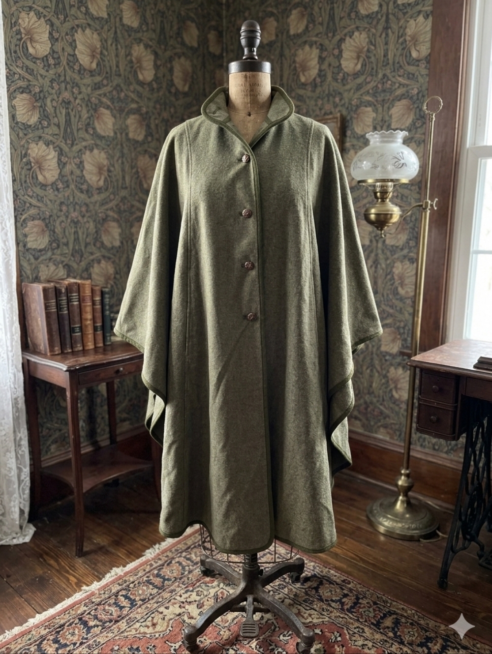 Vintage Salzburg Loden Wool Cape Coat | Size 36 | Austrian Green | Wood Buttons